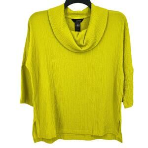 Ali Miles Woven Cowl Neck 3/4 Sleeve Textured Tunic Top Shirt Size Small Citron